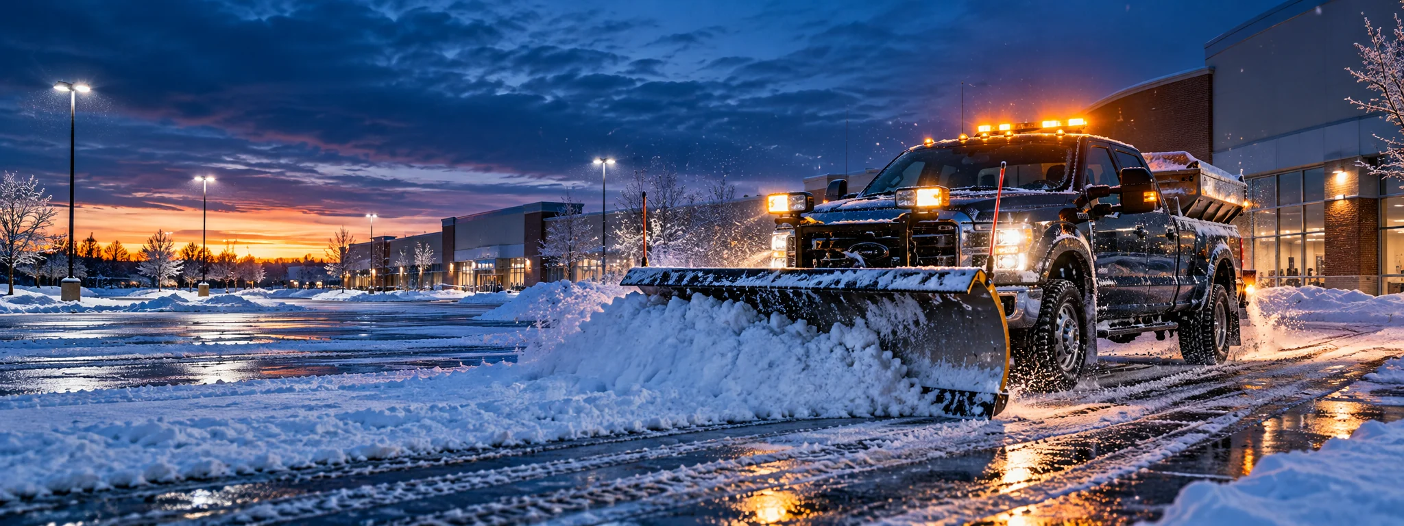 Illustrative commercial truck fitted with a red Western MVP-style V-plow clearing snow