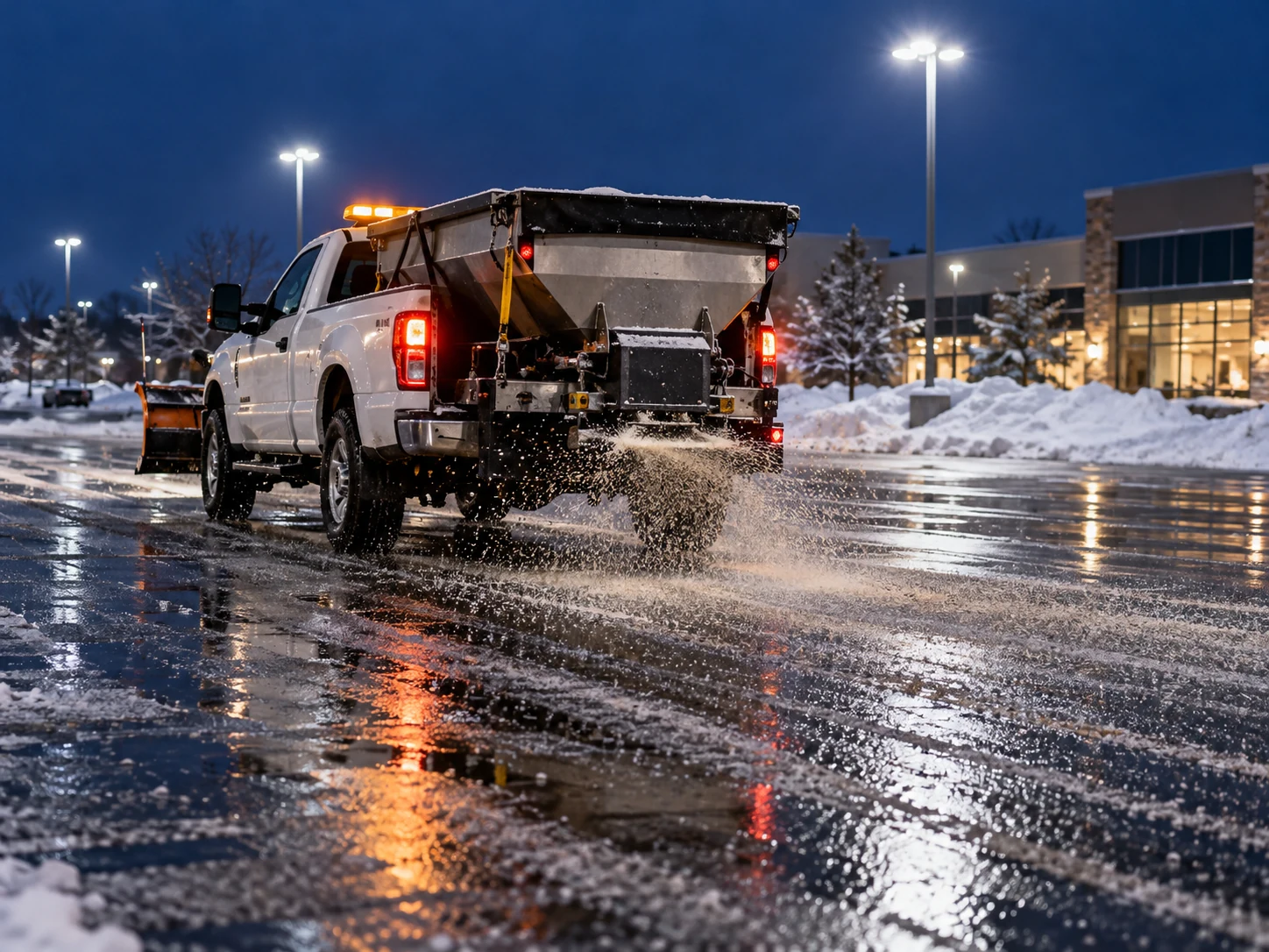 Commercial winter snow management truck at a business property